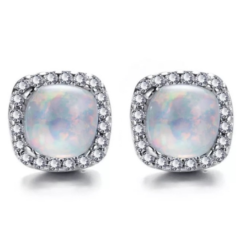BRAND NEW .925 SQUARE HALO WHITE OPAL EARRINGS